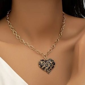 Cheetah Leopard Crystal & Black Enamel Gold Toned Necklace